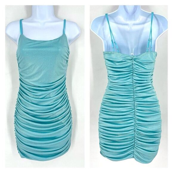Vintage 90s Lucy in the Sky Sleeveless Ruched Bodycon Dress Light Blue Medium - Picture 2 of 9